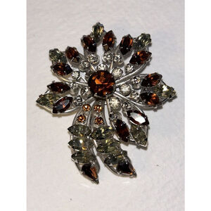 Vintage Rhinestone Flower Spray Brooch Root beer Brown Pale Citrine White Earthy